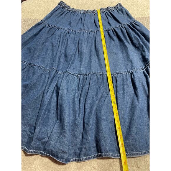 VTG Phool Denim Tiered Tea Length Skirt Women's Medium Jean Blue Modest Academia - Picture 2 of 6